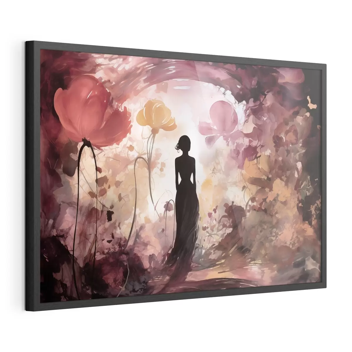 Poster Silhouette einer Frau in einem märchenhaft blühenden Garten f51081