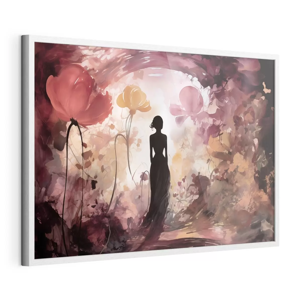 Poster Silhouette einer Frau in einem märchenhaft blühenden Garten f51081