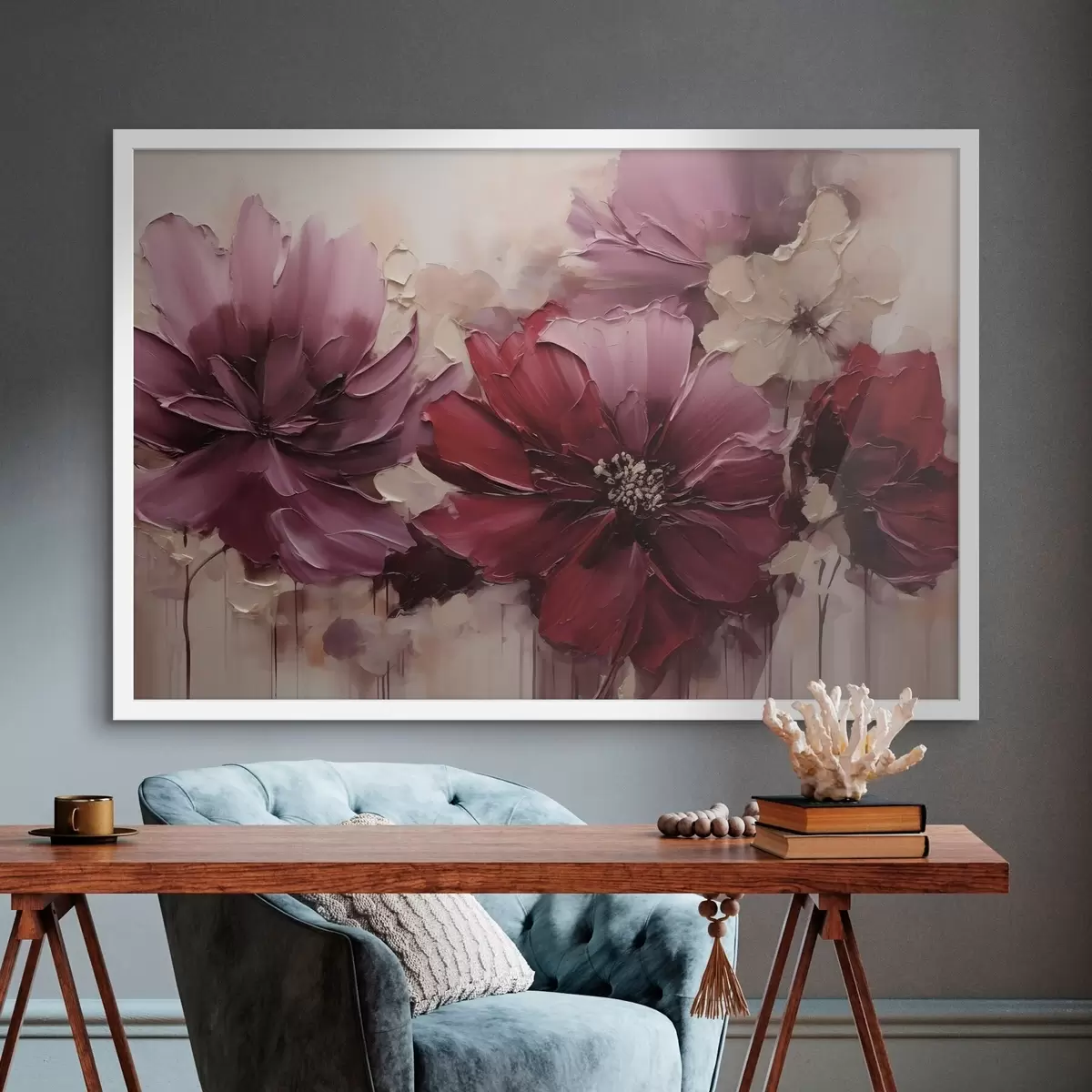 Poster Sattes Burgunderrot und pudrige Dahlien f51086