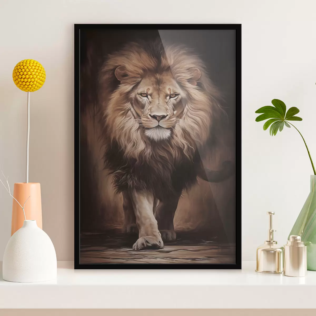 Poster Majestätischer Löwe in dunklem Interieur f51087