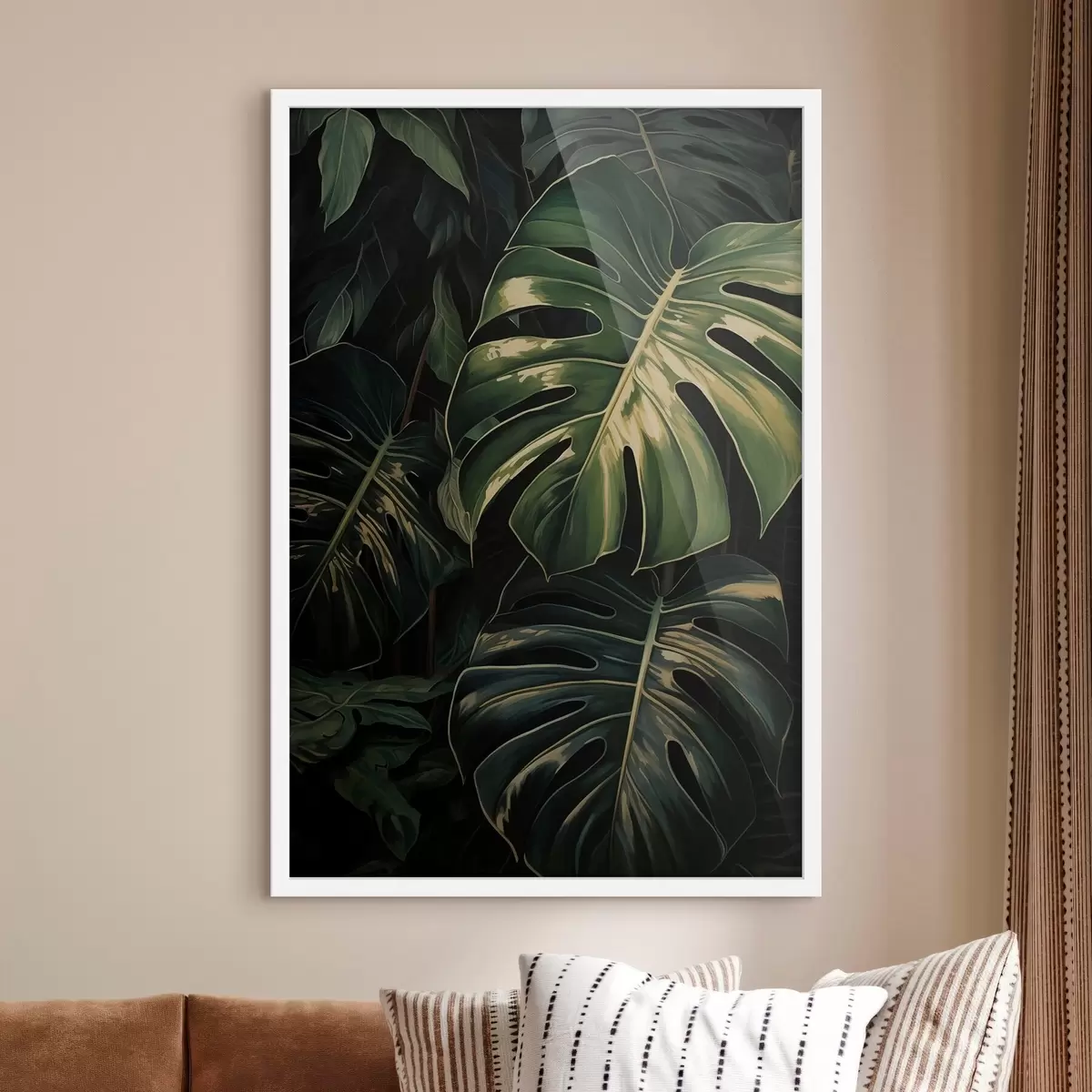 Poster Glänzende Monstera-Blätter in dunklen Tropen f51091