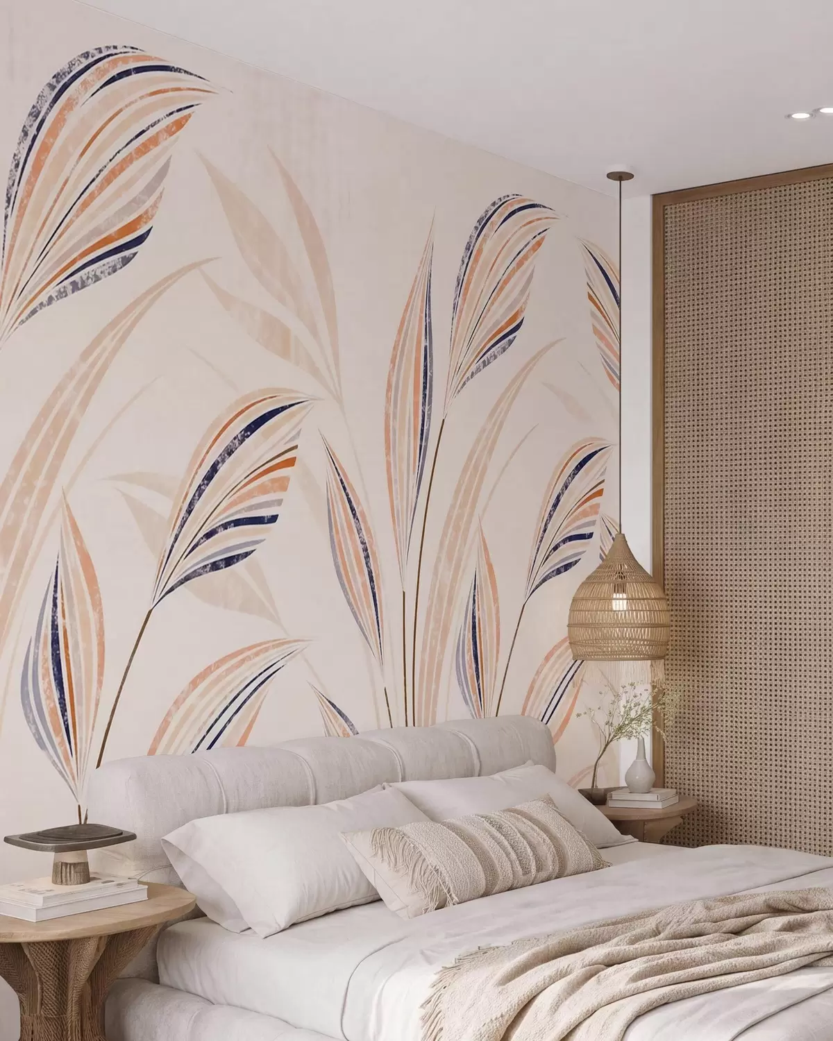 Fototapete Abstrakte Ziergräser mit eleganten, länglichen Blättern in Pfirsich-, Creme- und blauen Aquarelltönen w10093