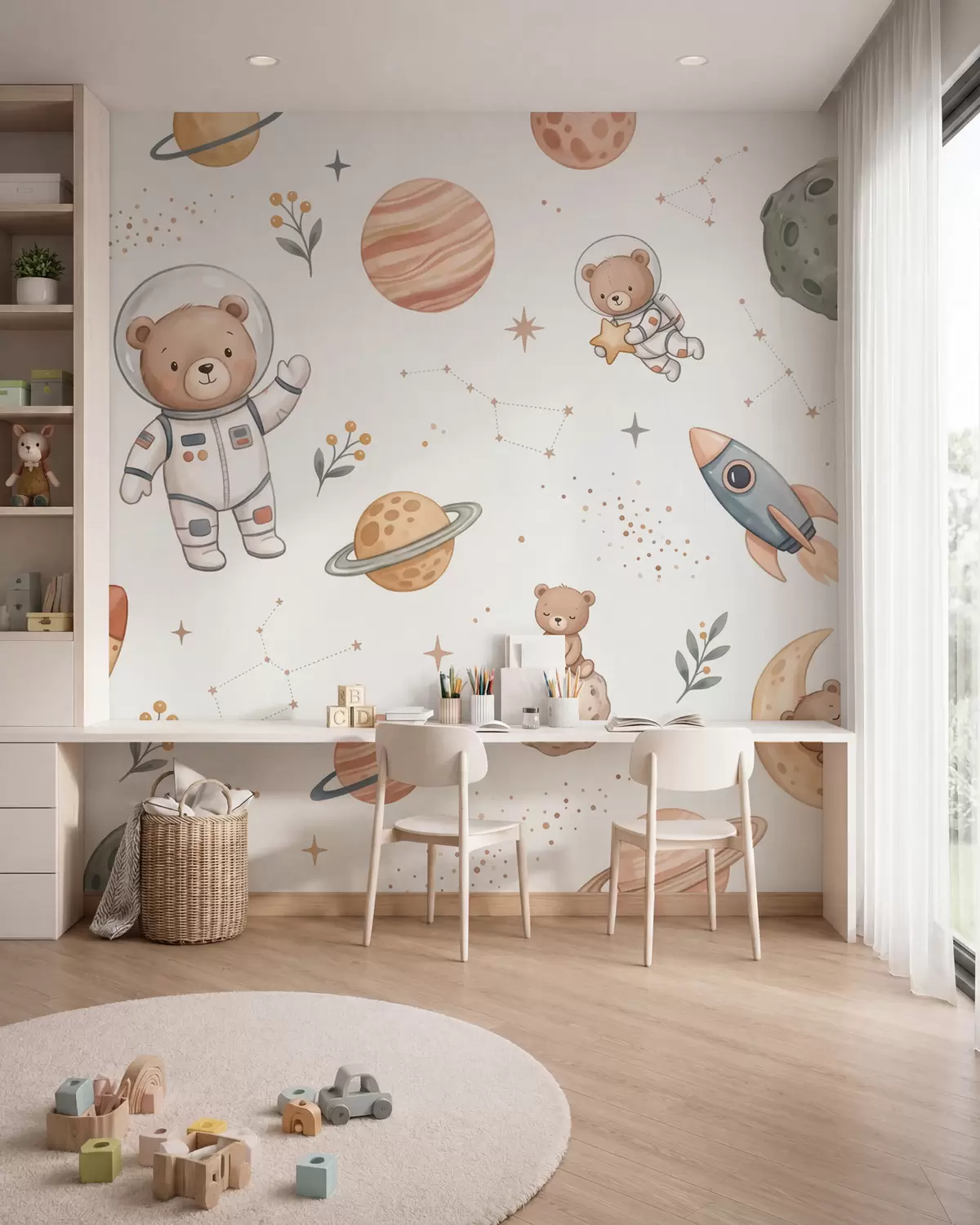 Fototapete Niedliche Teddybär-Astronauten zwischen Planeten, Raketen und Sternen im sanften Pastell-Aquarellstil w10096
