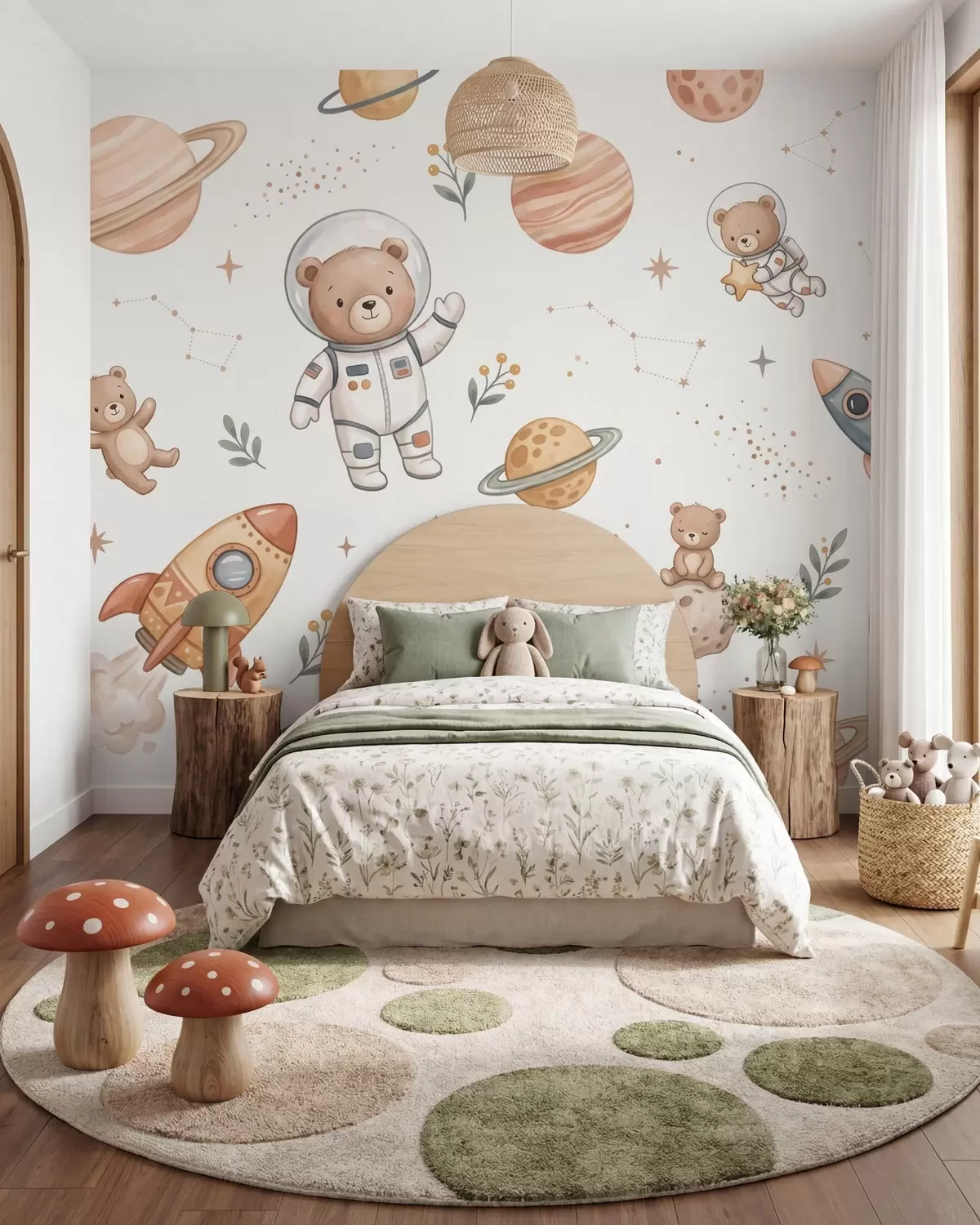 Fototapete Niedliche Teddybär-Astronauten zwischen Planeten, Raketen und Sternen im sanften Pastell-Aquarellstil w10096