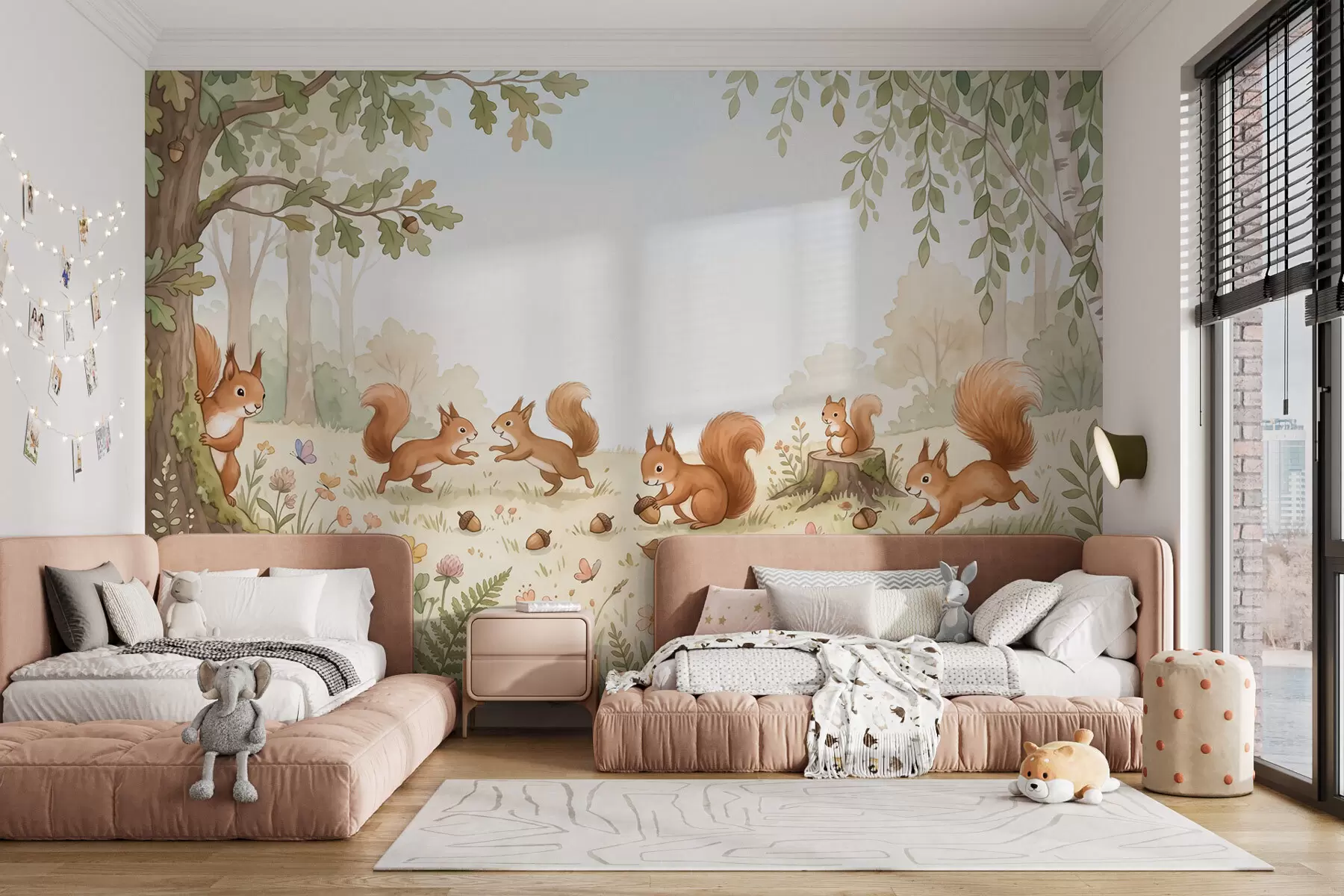 Fototapete Herbstwald mit flauschigen roten Eichhörnchen, Eicheln und zarten Wildblumen im Aquarellstil w10102