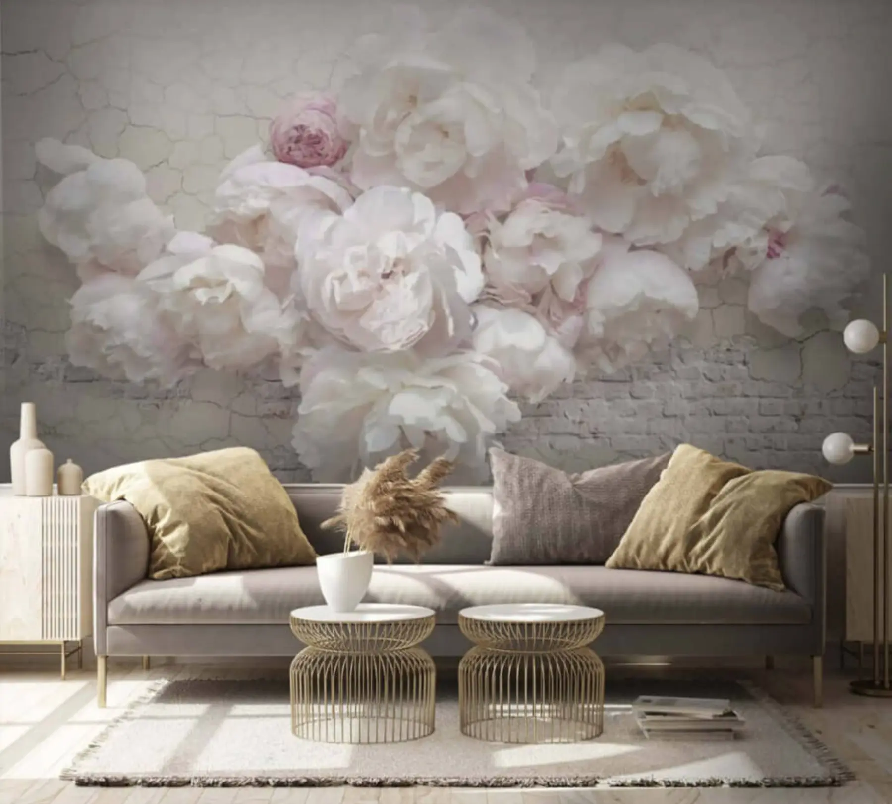 Fototapete Weiße Pfingstrosen auf einer Backsteinmauer u59598