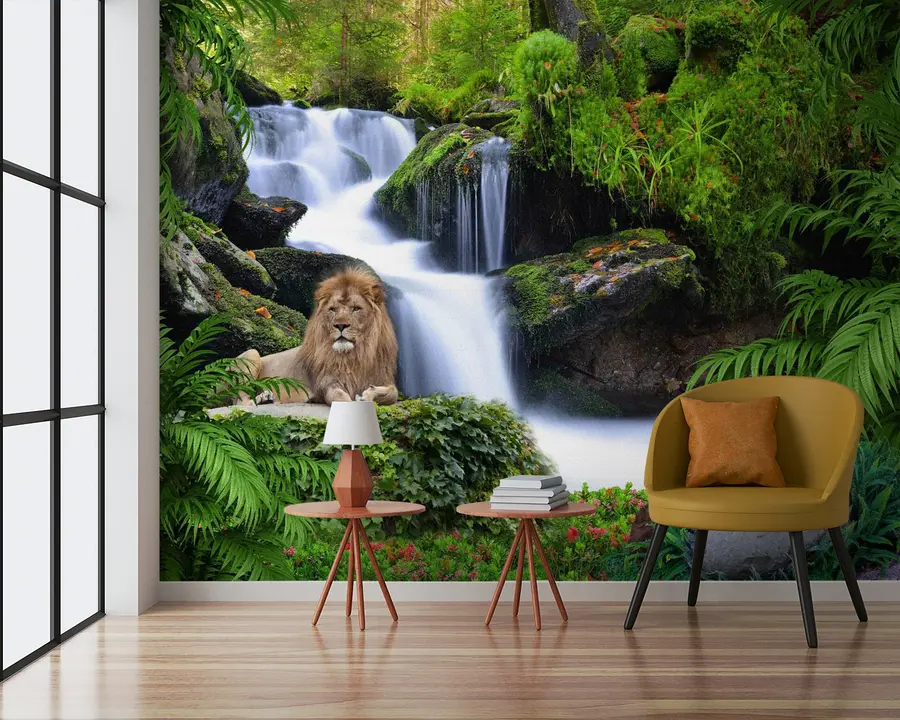Fototapete Löwe am Wasserfall u62920
