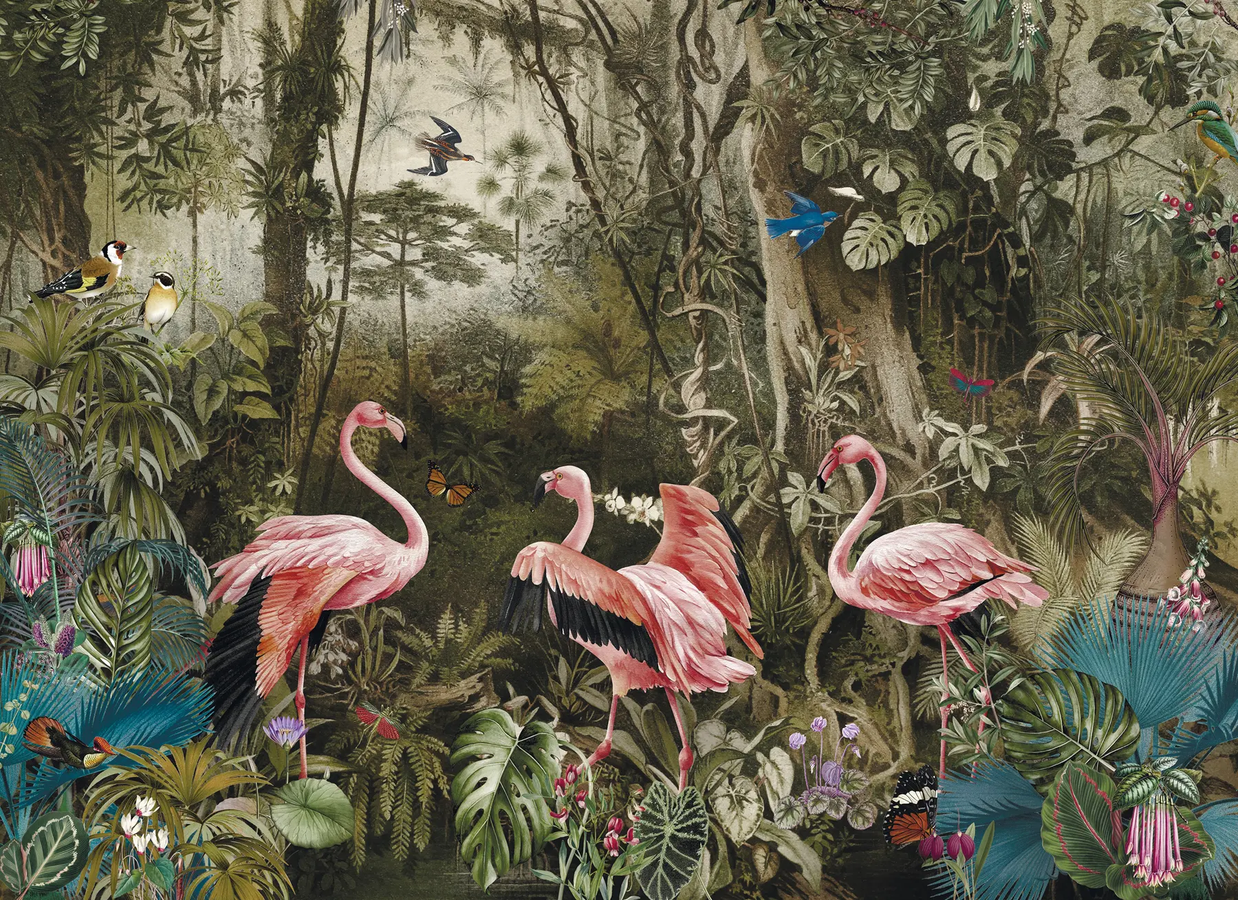 Fototapete Tropische Vögel und Flamingos im Dschungel u73568