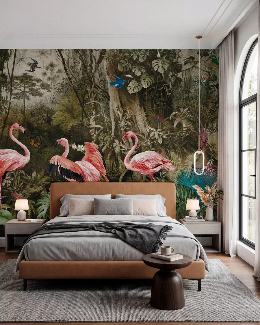 Fototapete Tropische Vögel und Flamingos im Dschungel u73568