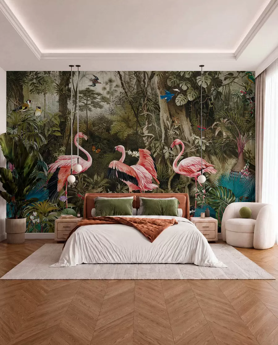 Fototapete Tropische Vögel und Flamingos im Dschungel u73568