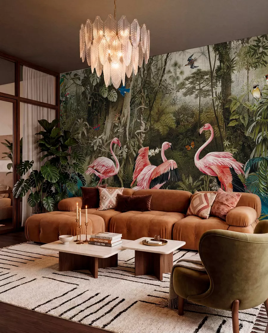 Fototapete Tropische Vögel und Flamingos im Dschungel u73568