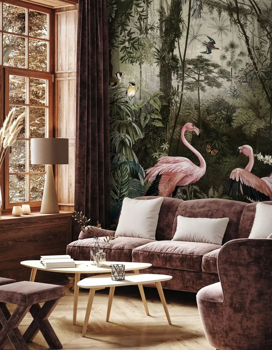 Fototapete Tropische Vögel und Flamingos im Dschungel u73568