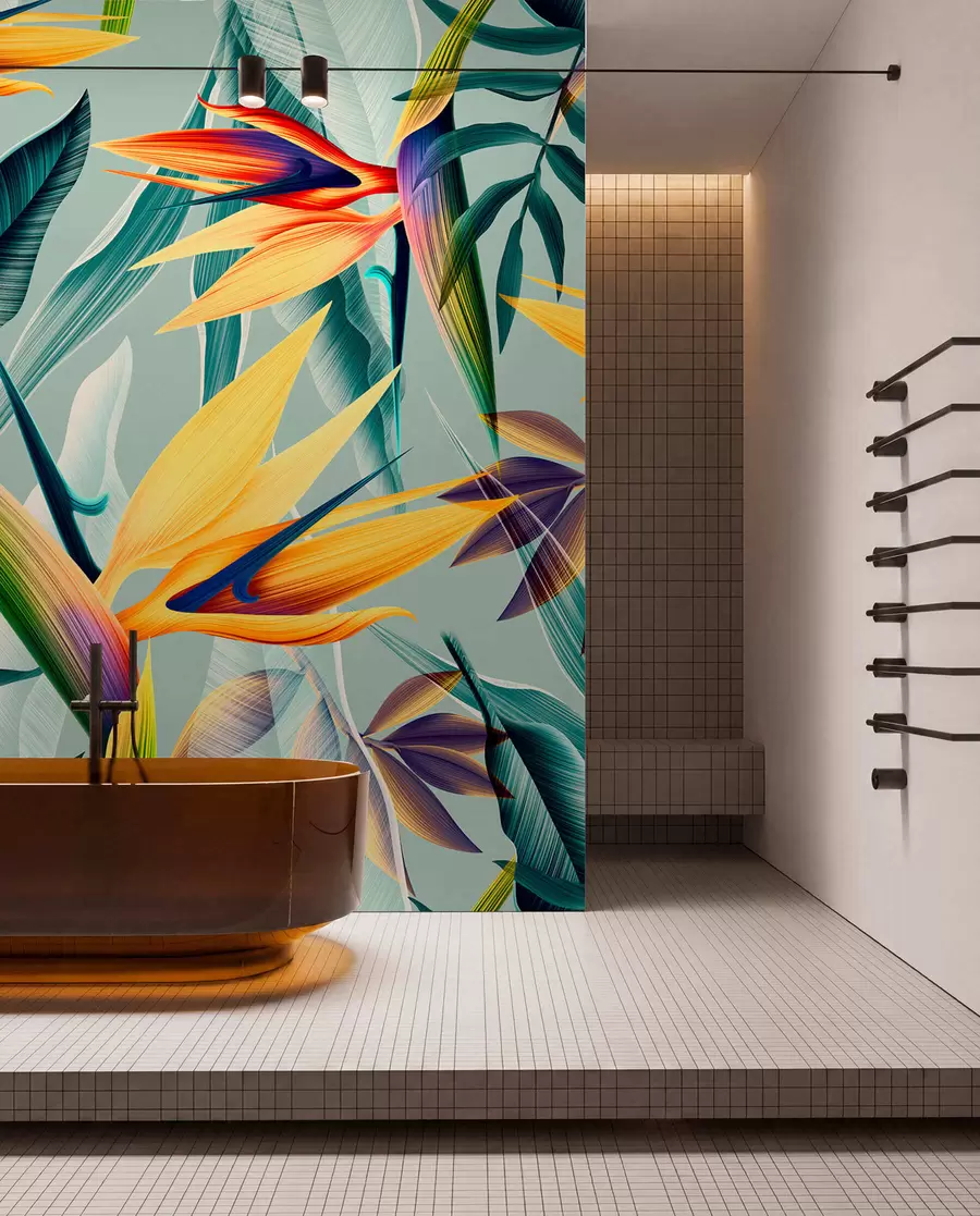 Fototapete Trendige tropische Pflanzen und Blätter in leuchtenden Farben u73960