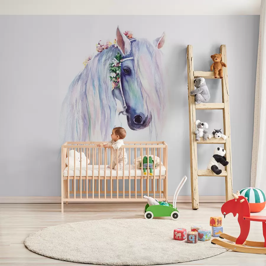 Fototapete Blaues Pferd mit Blumen in der Mähne u93591