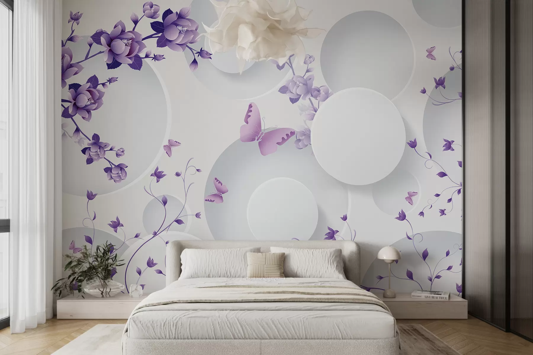 Fototapete 3D-Formen mit Blumen und Schmetterlingen u74482