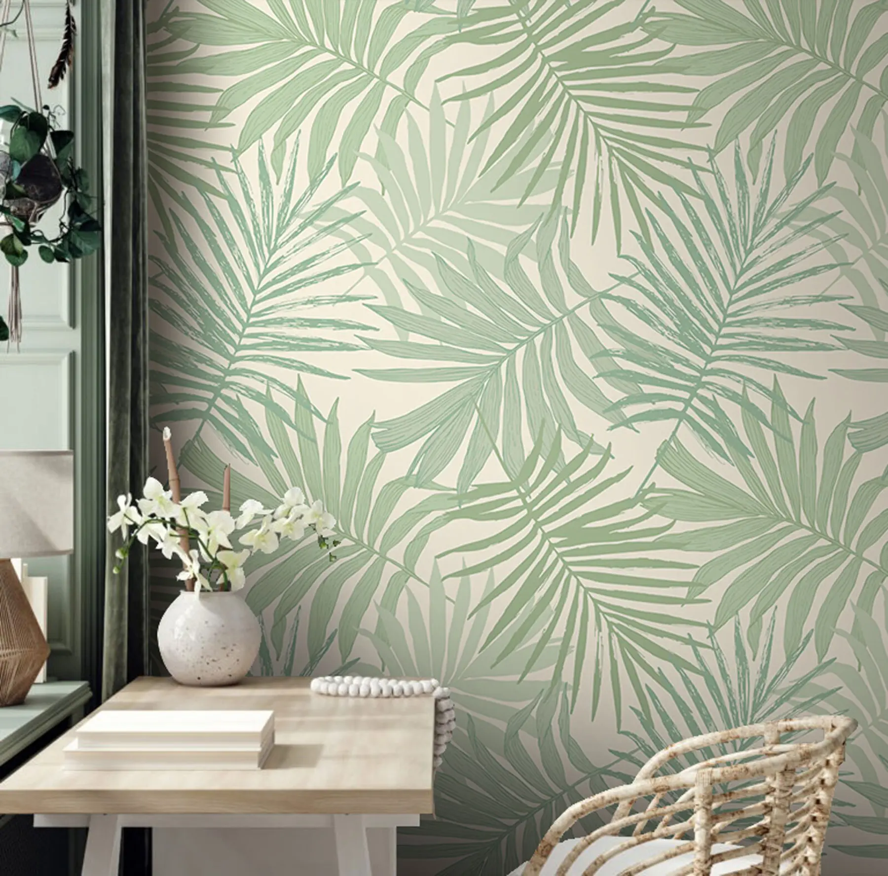 Fototapete Tropisches Laub in olivgrünen Pastelltönen u74826