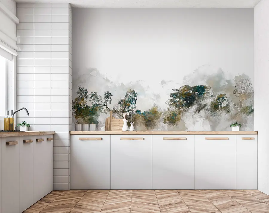 Fototapete Aquarelllandschaft mit Aquarellfarbenbaum u75377