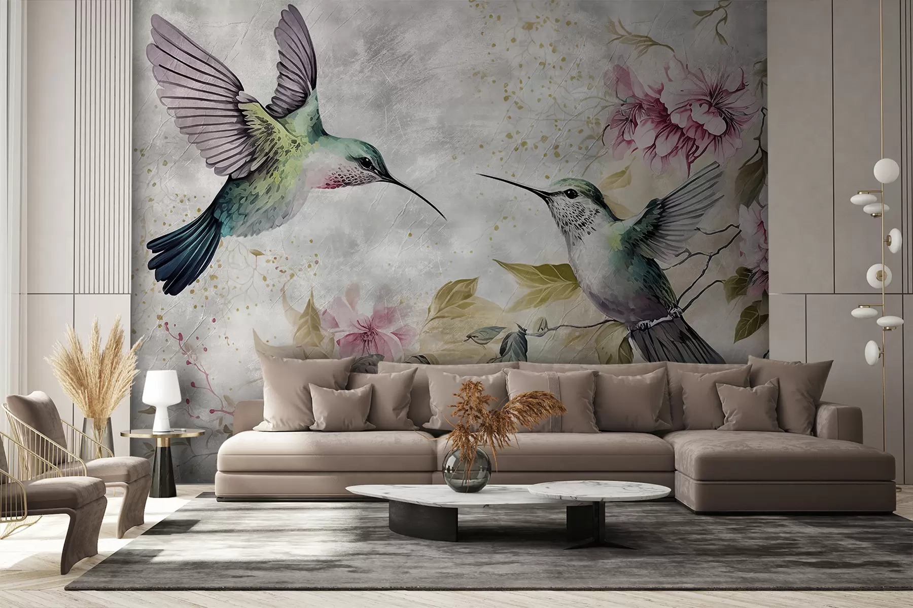 Fototapete Aquarell-Kolibris auf einem Zweig u93994