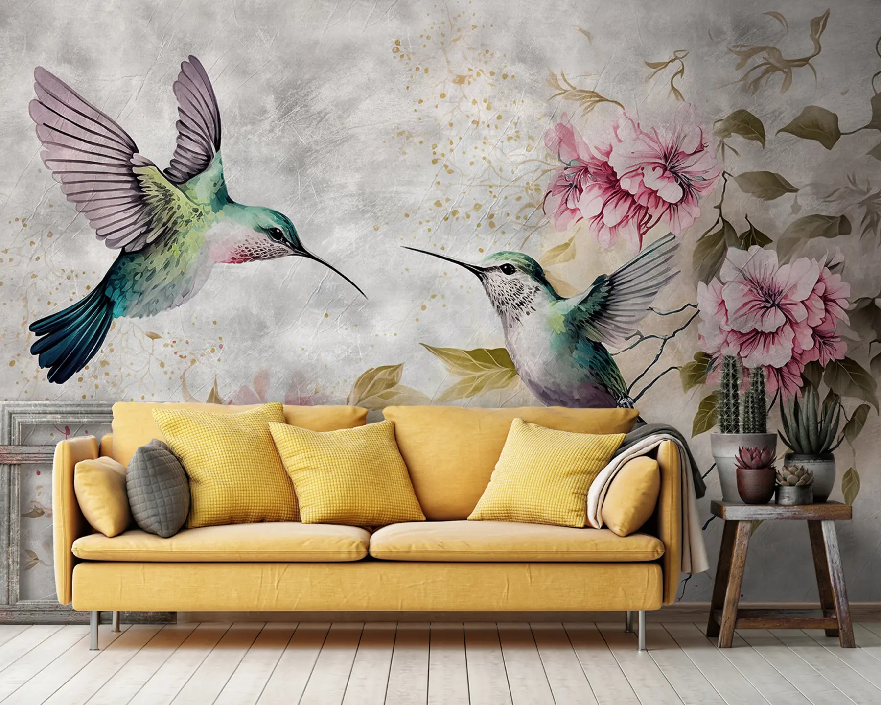 Fototapete Aquarell-Kolibris auf einem Zweig u93994