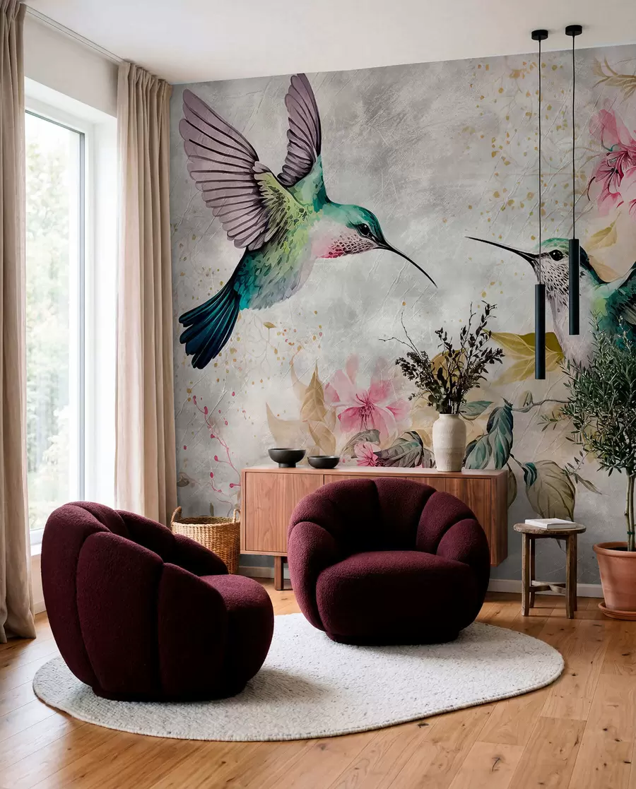 Fototapete Aquarell-Kolibris auf einem Zweig u93994