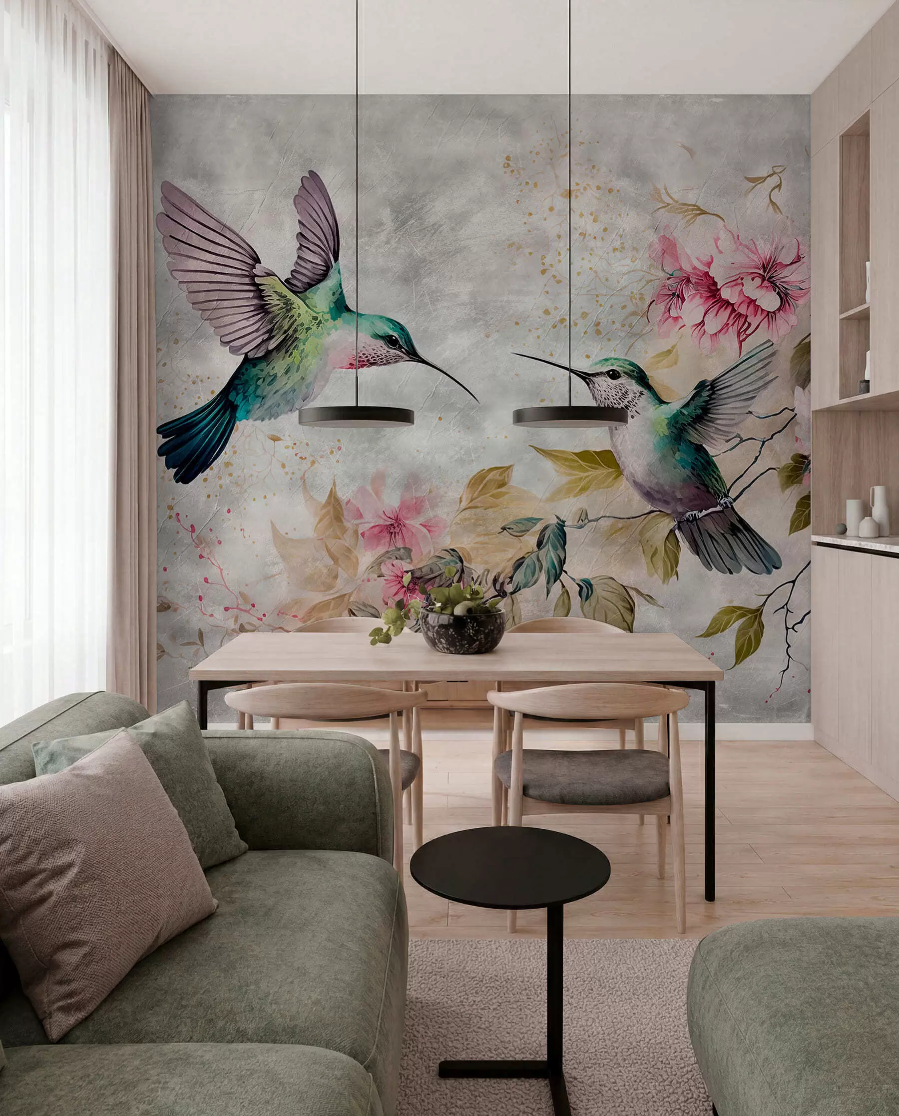 Fototapete Aquarell-Kolibris auf einem Zweig u93994