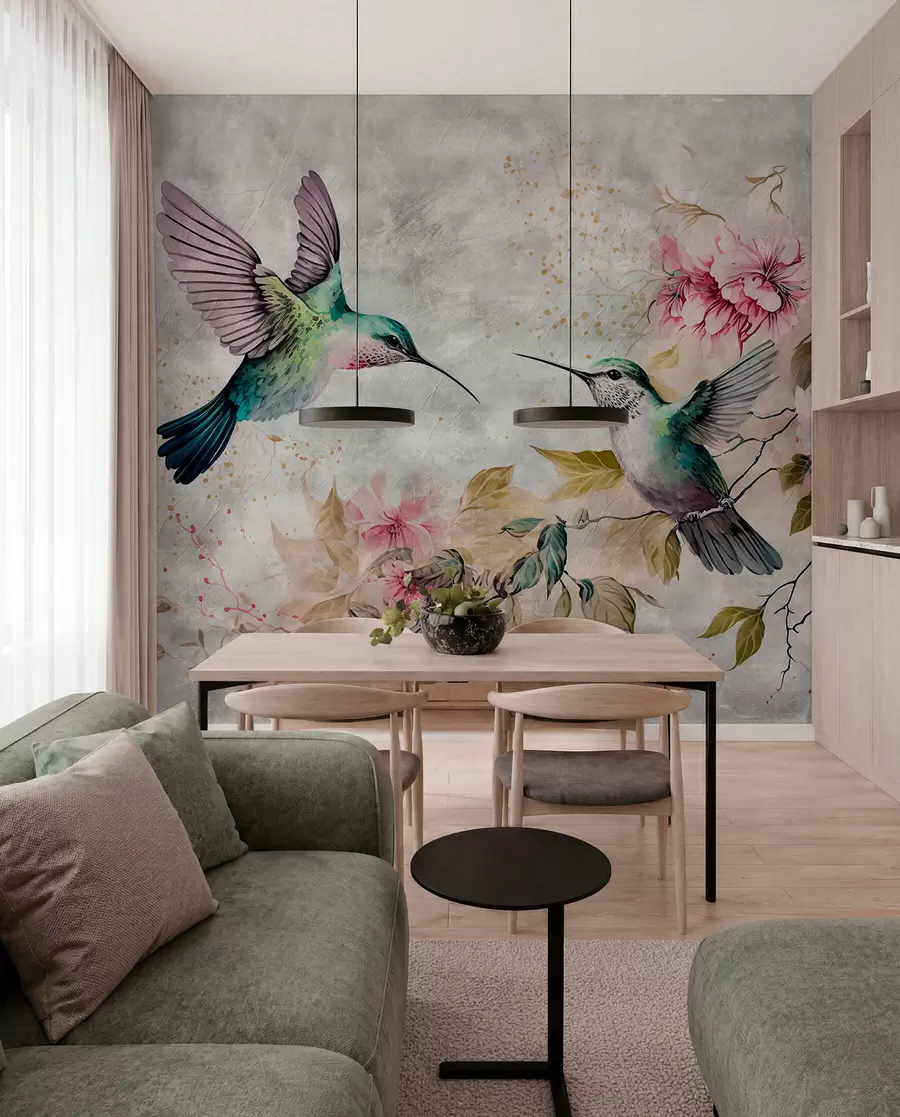 Fototapete Aquarell-Kolibris auf einem Zweig u93994