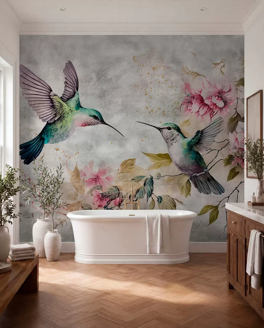 Fototapete Aquarell-Kolibris auf einem Zweig u93994