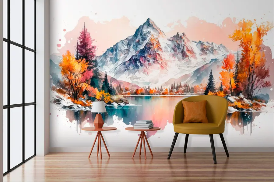 Fototapete Aquarell Berg Herbstlandschaft mit Schnee auf den Gipfeln u94782