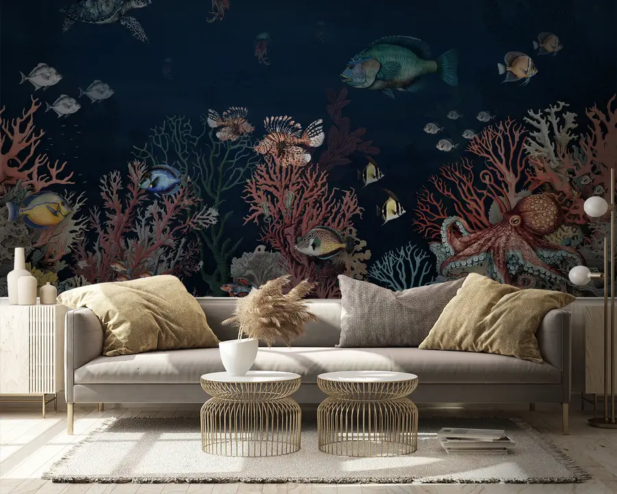 Fototapete Korallenriffe und Fische in den Tiefen der Bucht u94467