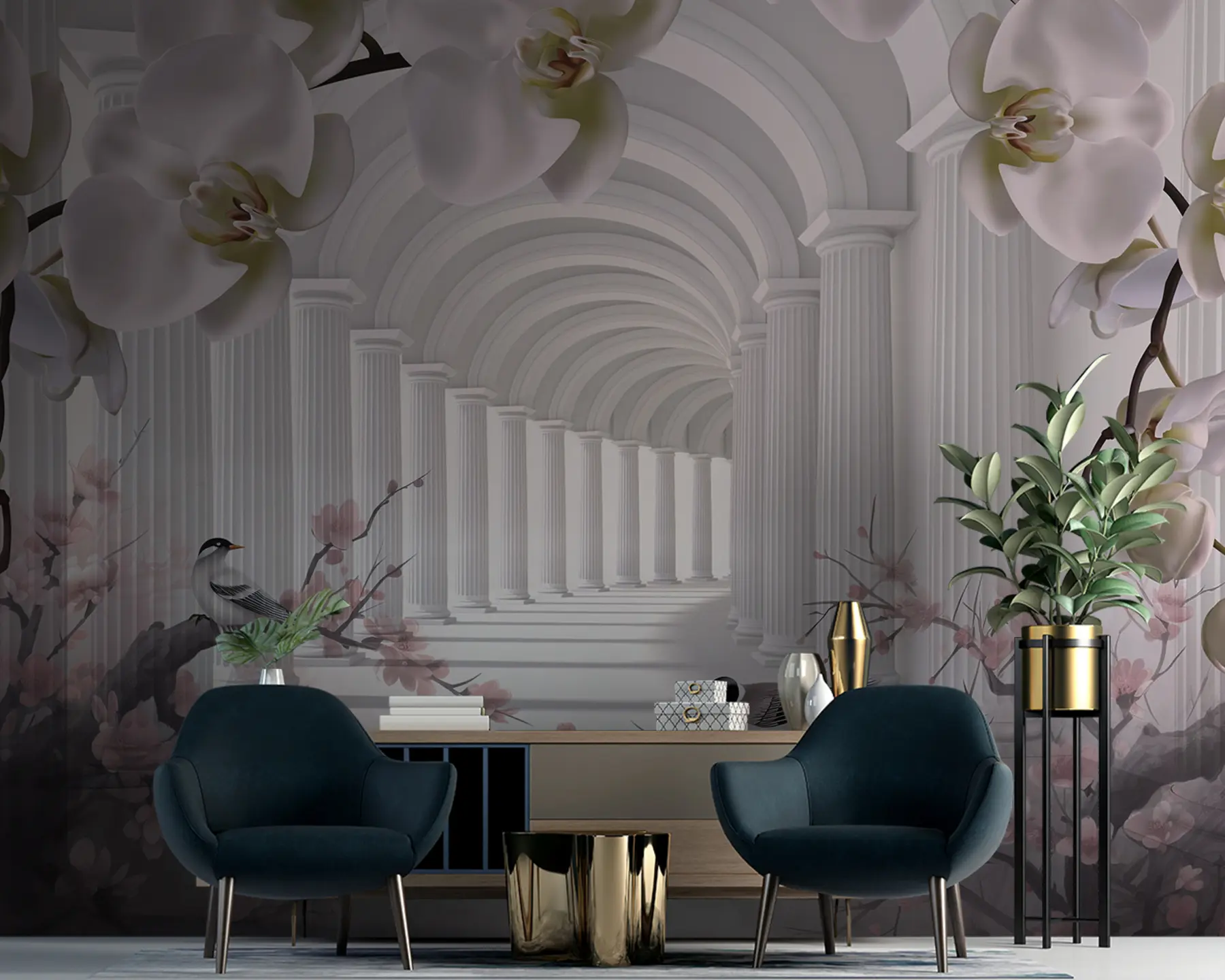 Fototapete Schöner Tunnel mit Vögeln und Orchideen u94513