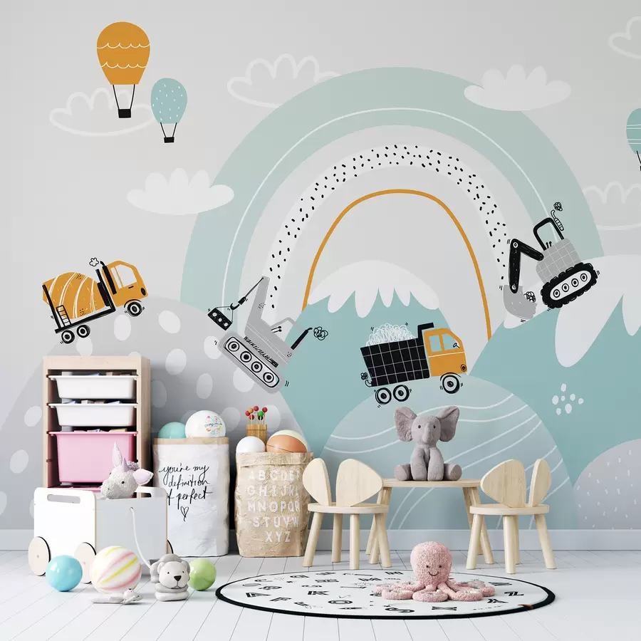 Fototapete Baufahrzeuge, Berglandschaft, Ballons und Wolken im skandinavischen Stil u95046