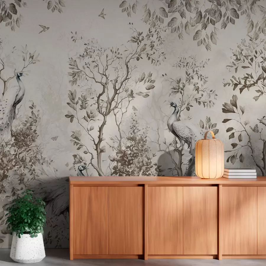 Fototapete Ein Garten mit zarten Vögeln, Pfauen u94850