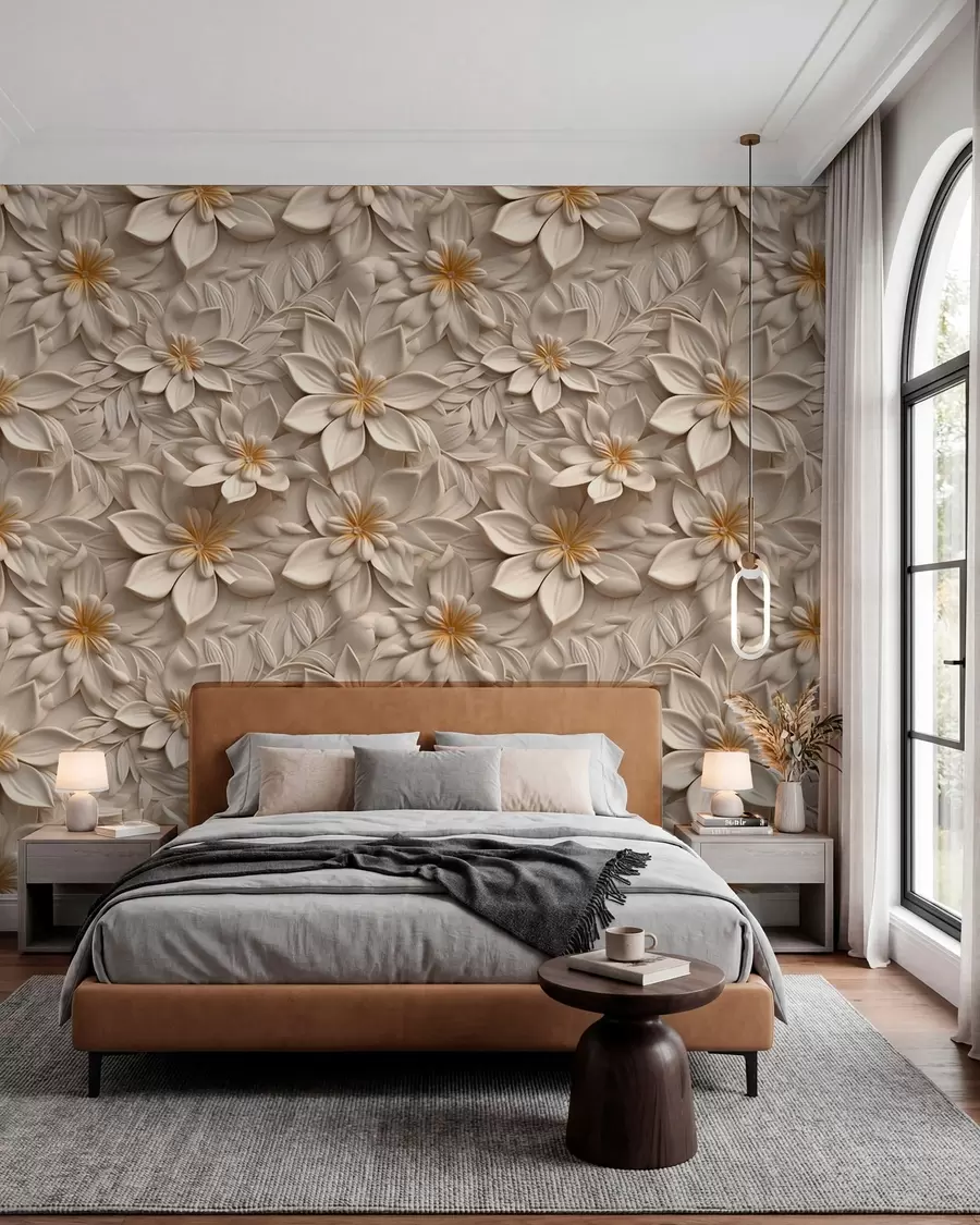 Fototapete Streuung von weißen Blumen mit 3D-Effekt u95251