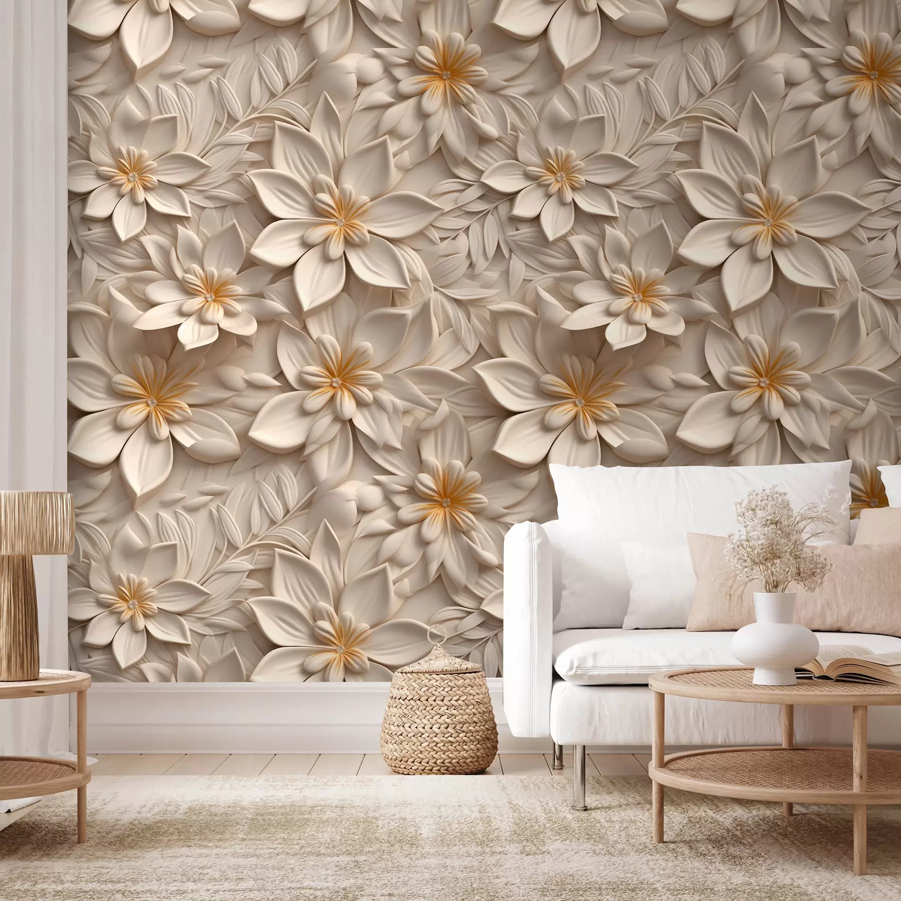 Fototapete Streuung von weißen Blumen mit 3D-Effekt u95251