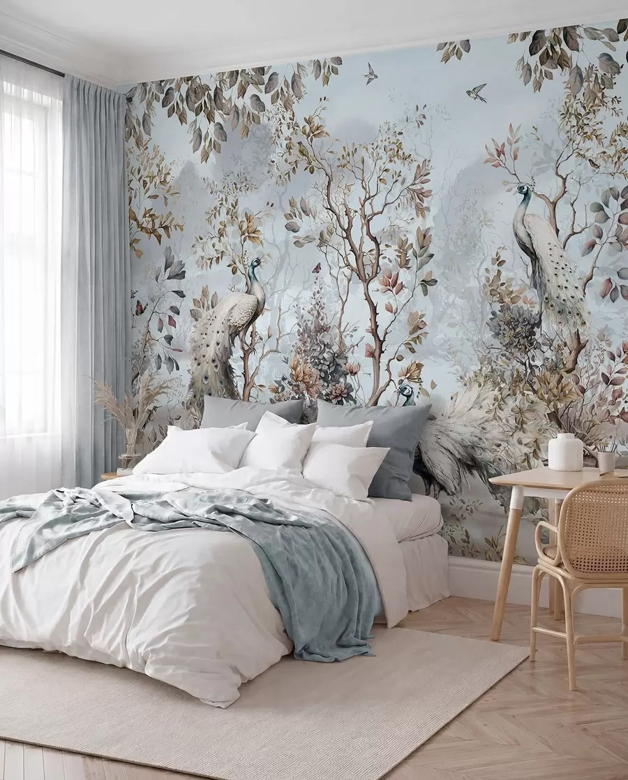 Fototapete Chinoiserie Pflanzen und Pfaue im chinesischen Stil u94849