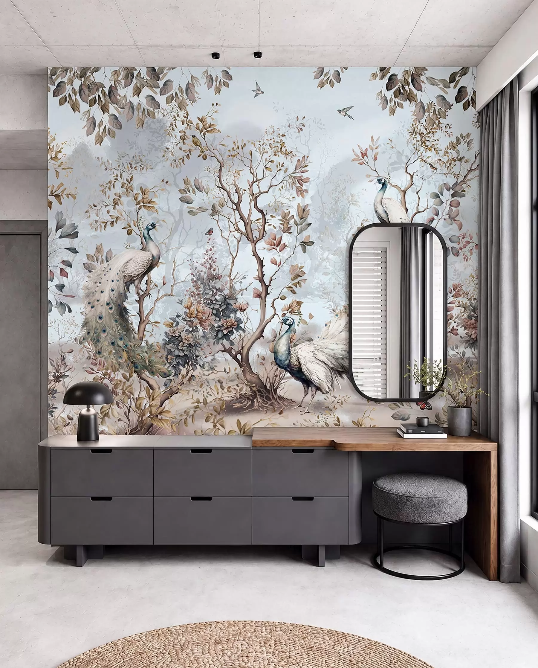 Fototapete Chinoiserie Pflanzen und Pfaue im chinesischen Stil u94849