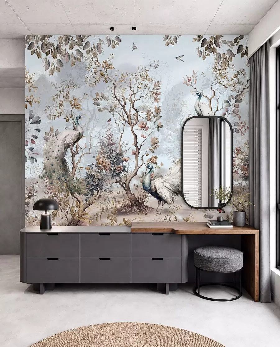 Fototapete Chinoiserie Pflanzen und Pfaue im chinesischen Stil u94849