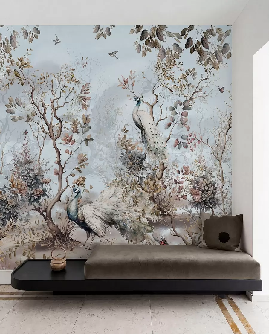 Fototapete Chinoiserie Pflanzen und Pfaue im chinesischen Stil u94849