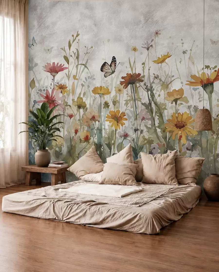 Fototapete Aquarellierte Wildblumen und Schmetterlinge u95406