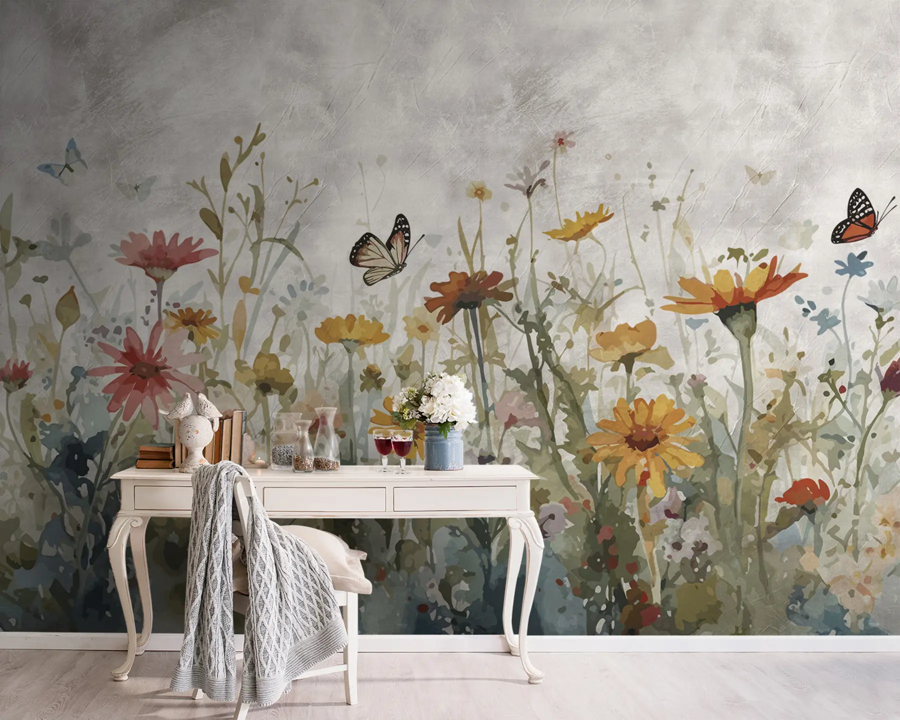 Fototapete Aquarellierte Wildblumen und Schmetterlinge u95406