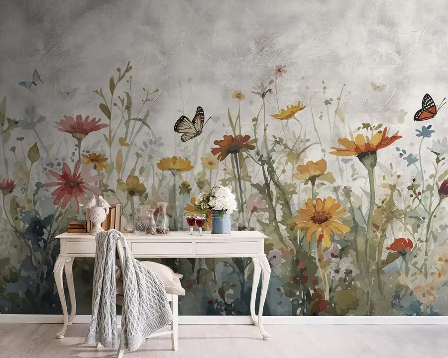 Fototapete Aquarellierte Wildblumen und Schmetterlinge u95406