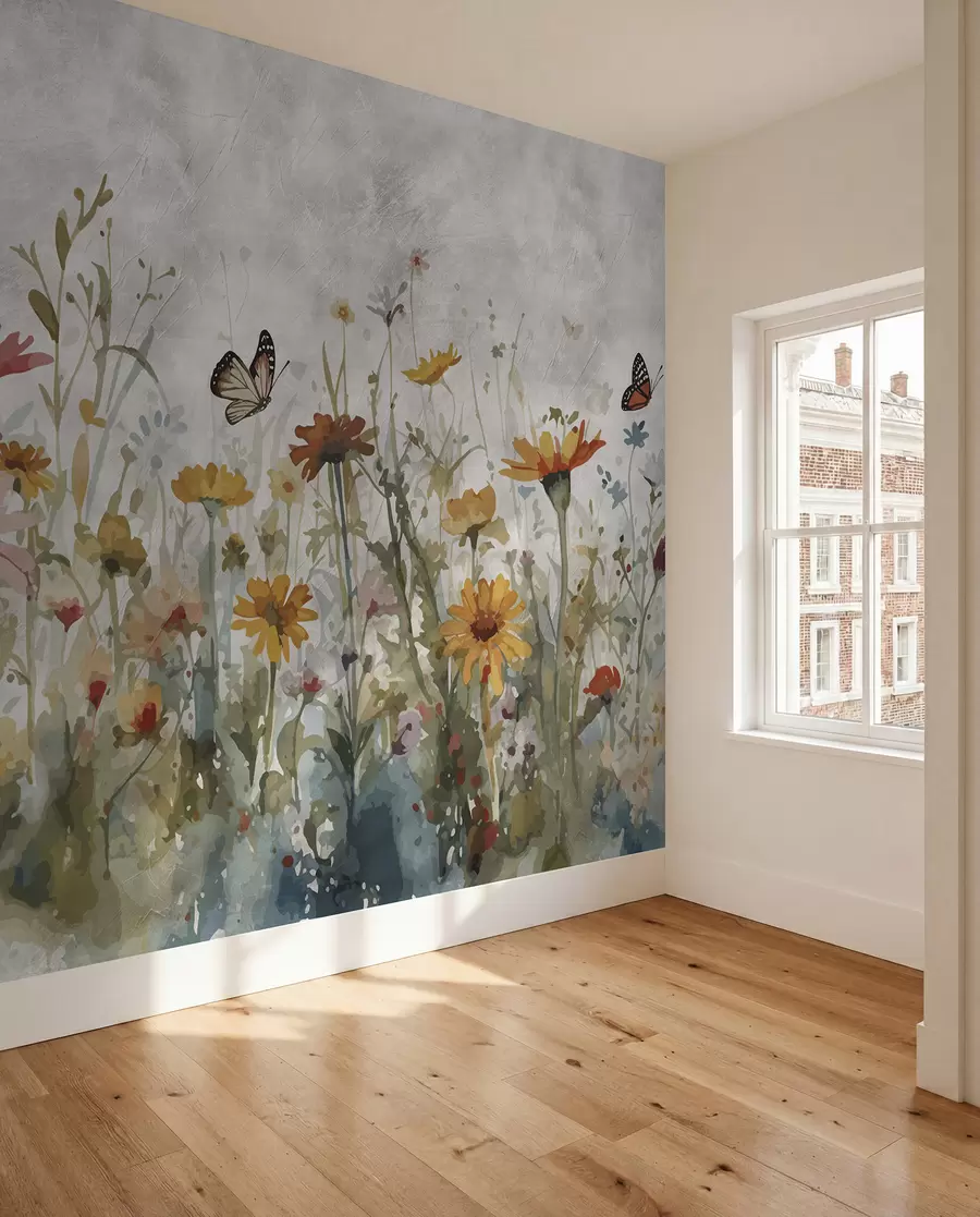 Fototapete Aquarellierte Wildblumen und Schmetterlinge u95406