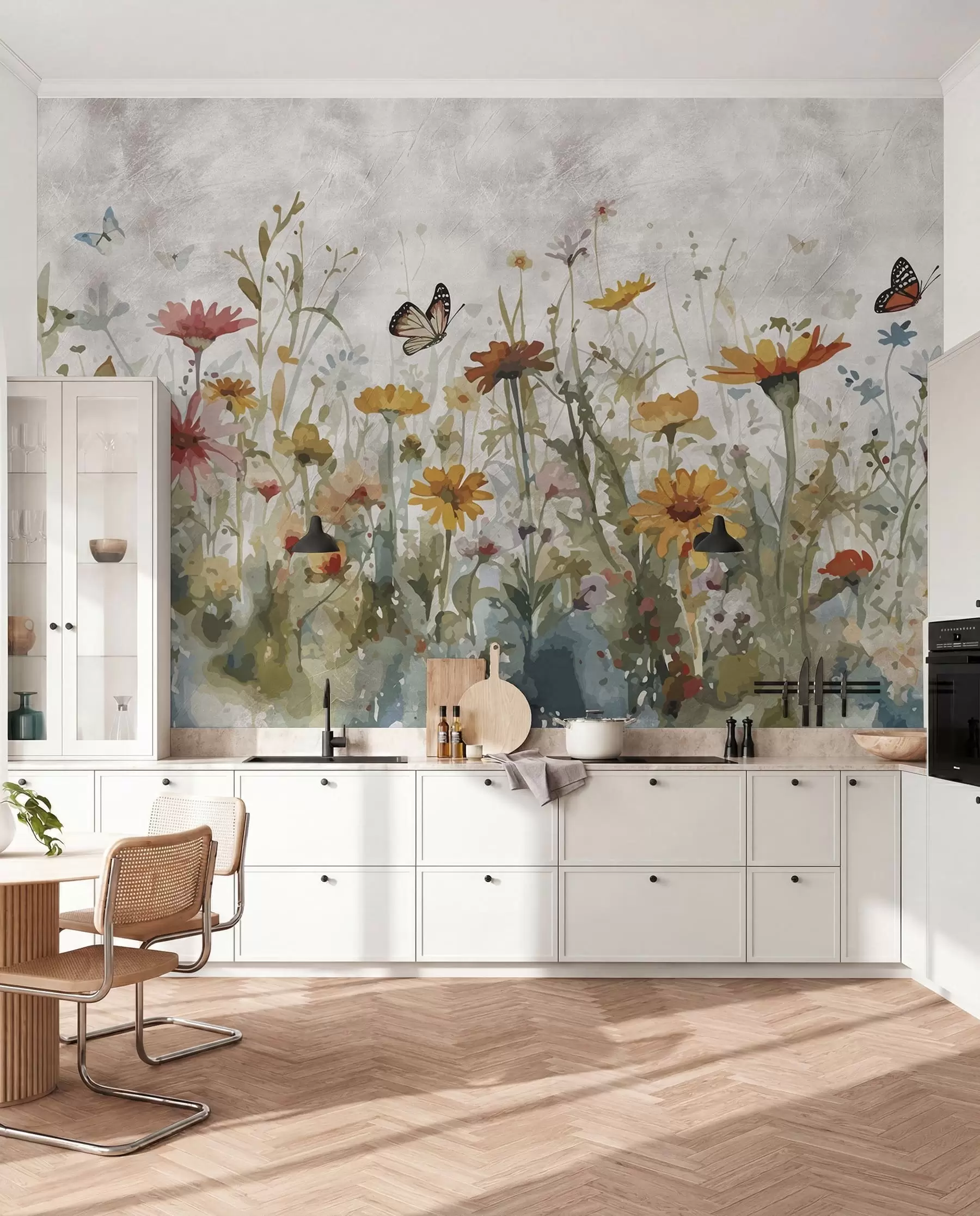 Fototapete Aquarellierte Wildblumen und Schmetterlinge u95406