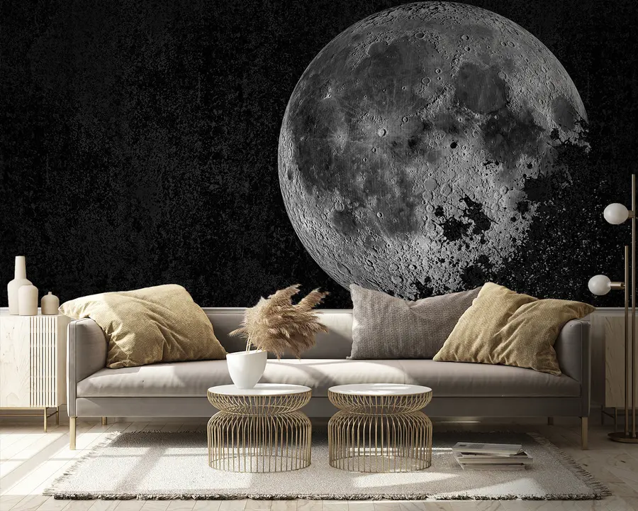 Fototapete Tapetendesign mit aufgelöstem Mond auf schwarzem Grunge-Hintergrund u95521