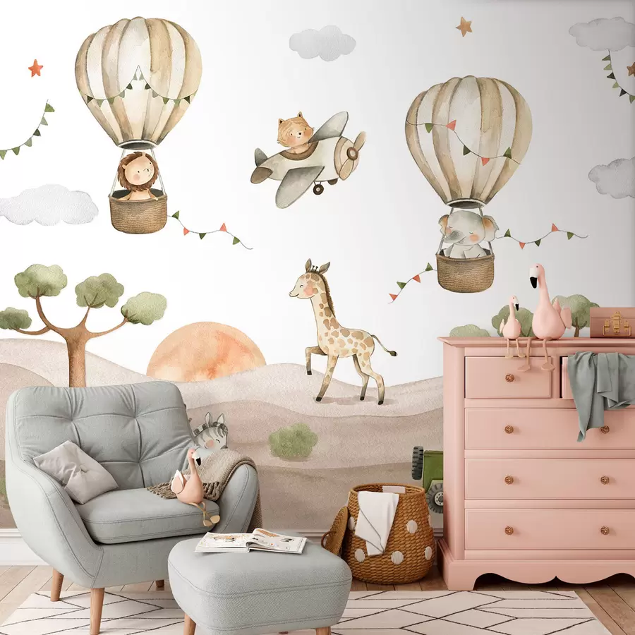 Fototapete Aquarellzeichnung mit Tieren, Luftballons, Flugzeug und Auto u95882