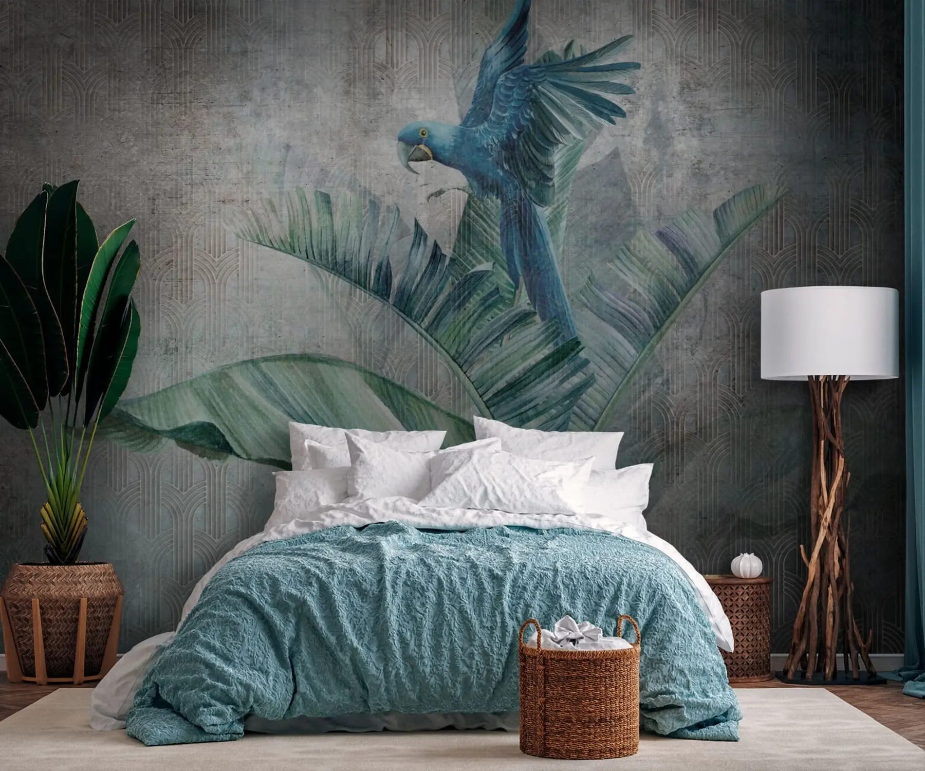 Fototapete Große blaue Papagei auf Bananenbaum mit Grunge Beton Textur u95432