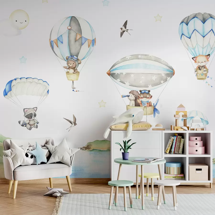 Fototapete Tiere mit Fallschirmen und Luftballons u95349