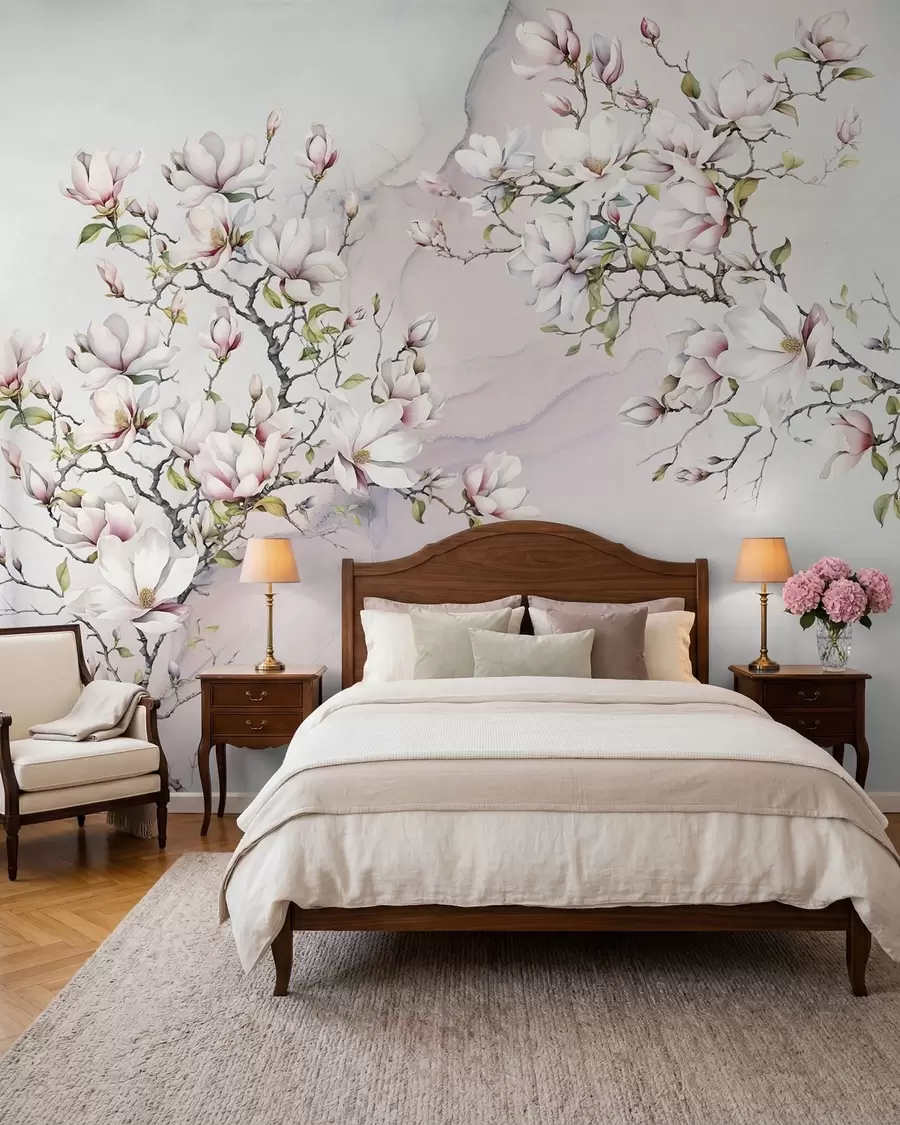 Fototapete Blühende Magnolienbäume auf einem Marmorhintergrund u96114