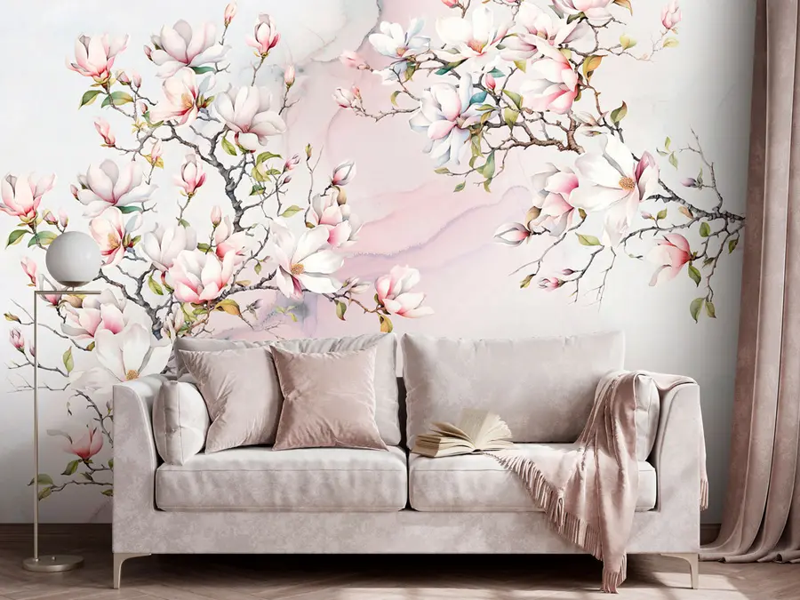 Fototapete Blühende Magnolienbäume auf einem Marmorhintergrund u96114