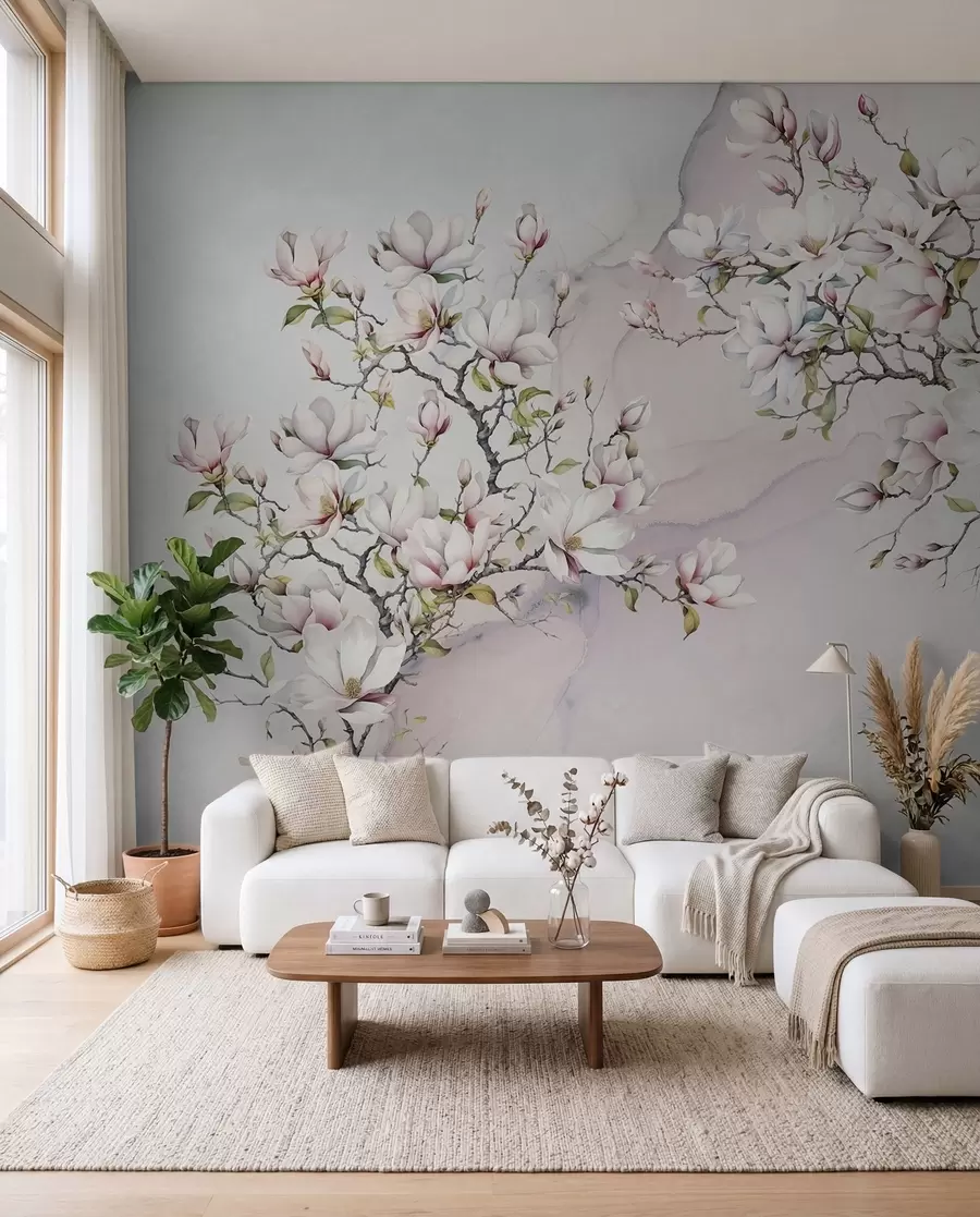 Fototapete Blühende Magnolienbäume auf einem Marmorhintergrund u96114